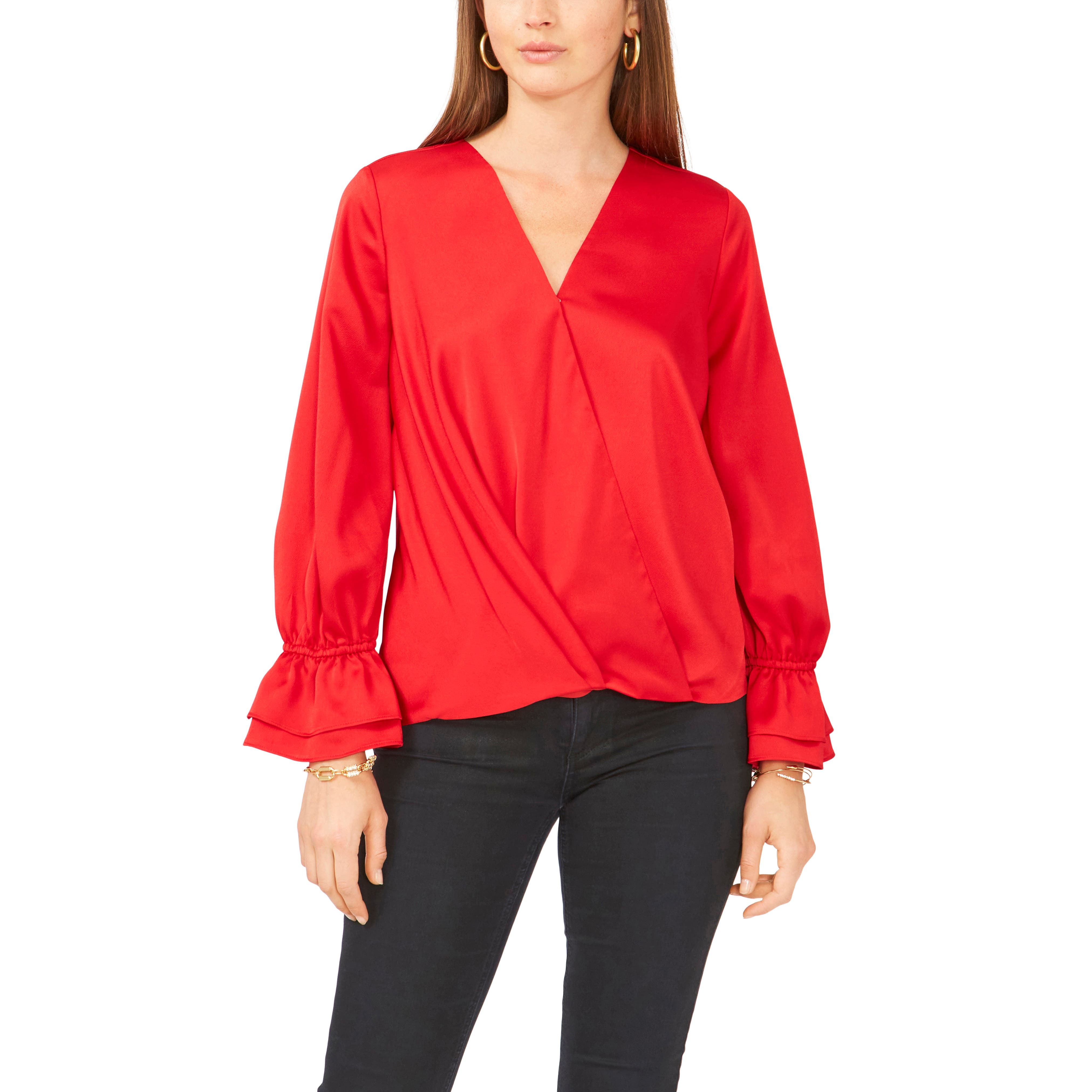 Msrp $89 Vince Camuto Wrap Front Double Cuff Blouse Red Size Xs